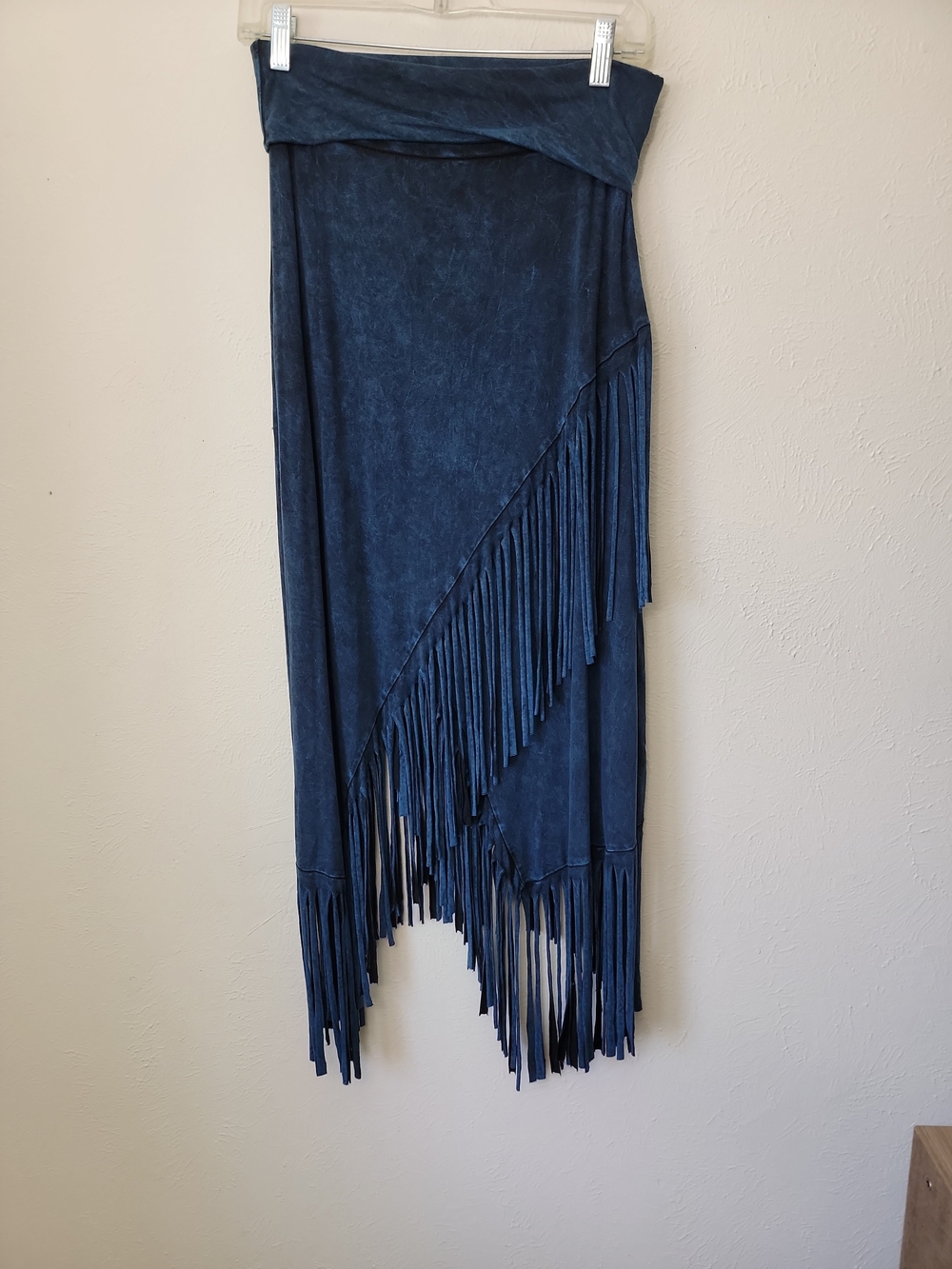 Y2k Fringe Asymetrical Midi Skirt in Denim Blue Foldover Waist - Picture 2 of 9